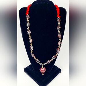 Glass Heart Shape Pendant Multicolor Beaded Hook Fastener Necklace